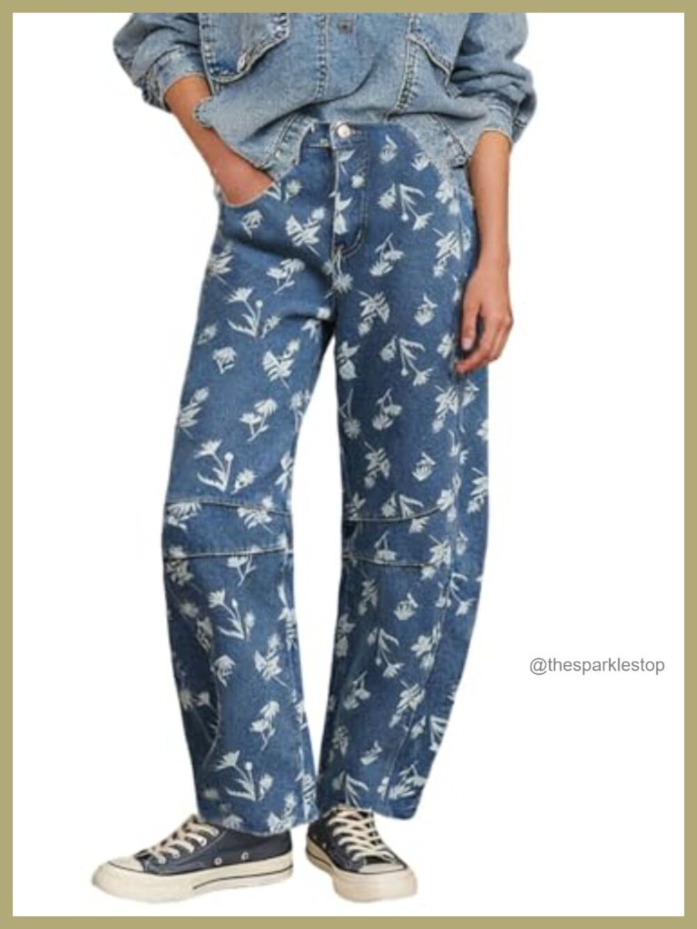 Women's Floral Barrel Jeans Mid Rise Wide Leg Denim Pants